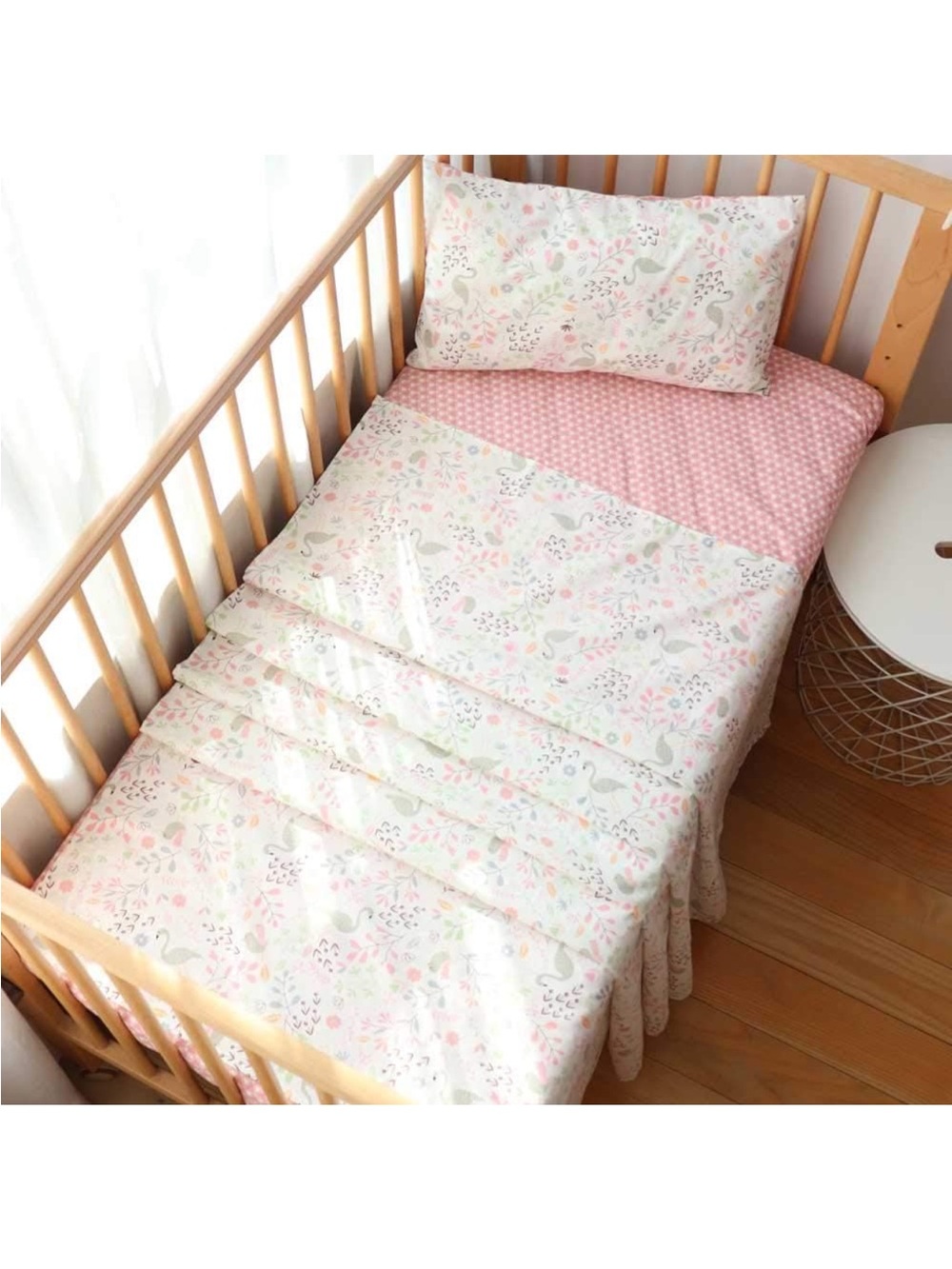 Pink Floral Swan Crib Bedding Set
